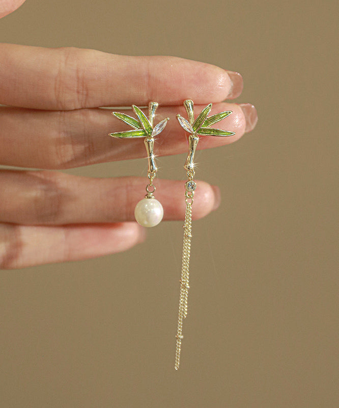 Classy Green Copper Overgild Asymmetry Pearl Tassel Bamboo Leaf Drop Earrings