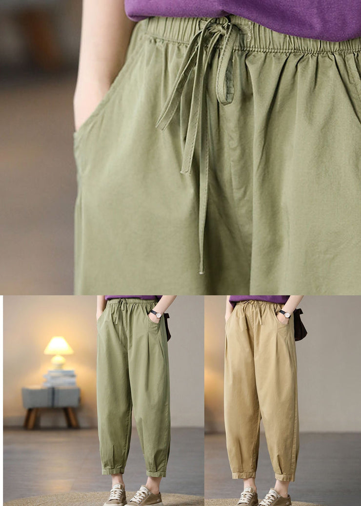 Classy Green Elastic Waist Pockets Cotton Harem Pants Spring