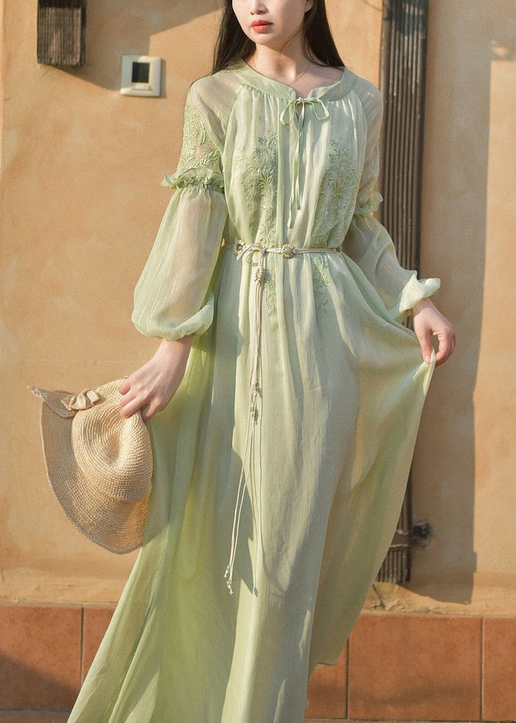 Classy Green Embroidered Lace Up Chiffon Long Dresses Long Sleeve