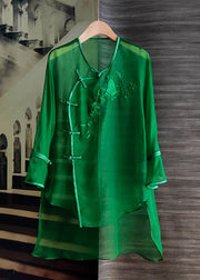 Classy Green Embroideried Patchwork Chinese Button Silk Mid Dress Summer