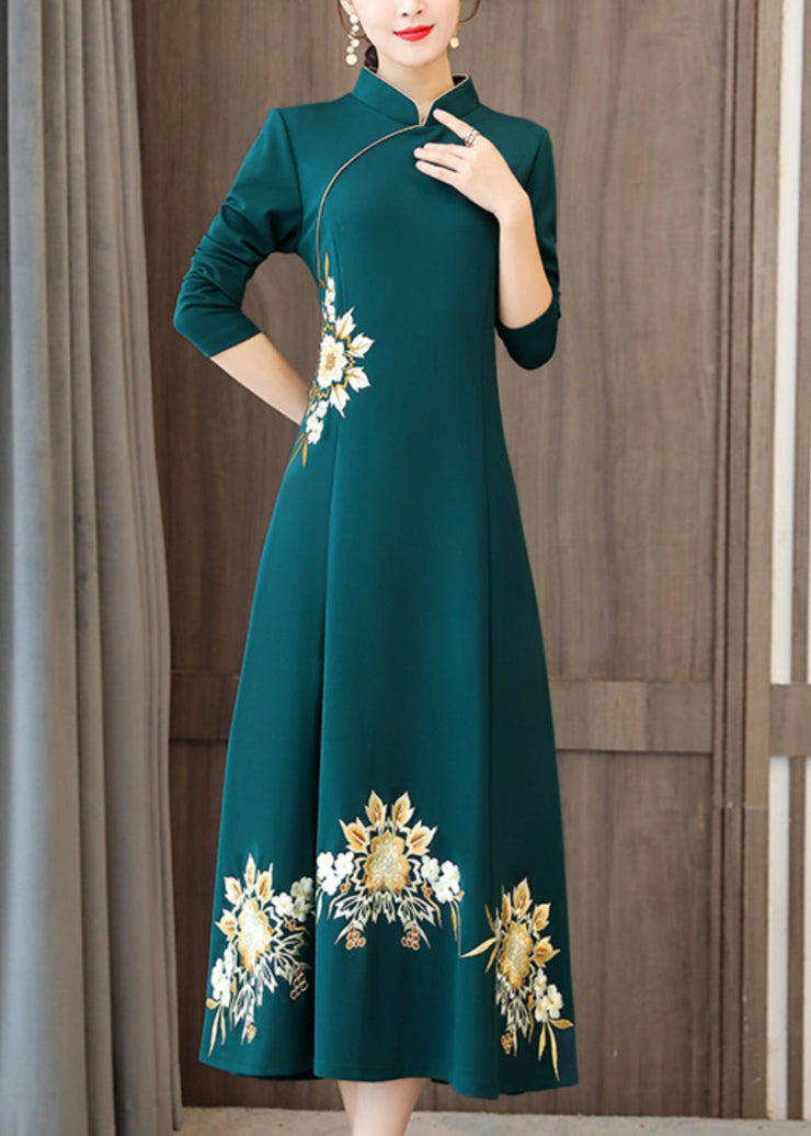 Classy Green Embroideried Patchwork Cotton Maxi Dresses Fall