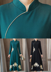 Classy Green Embroideried Patchwork Cotton Maxi Dresses Fall