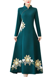 Classy Green Embroideried Patchwork Cotton Maxi Dresses Fall