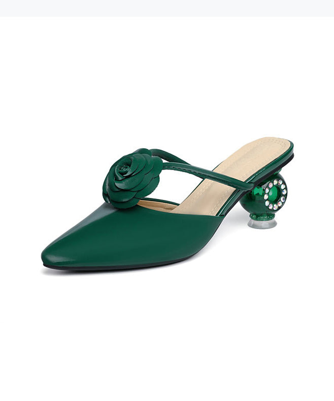 Classy Green Floral Crystal Chunky Slide Sandals Pointed Toe