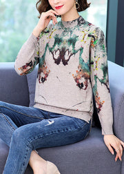 Classy Green Half Hign Neck Print Woolen Sweaters Spring