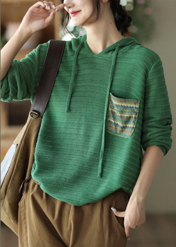 Classy Green Hooded Drawstring Pocket Knit Shirts Winter