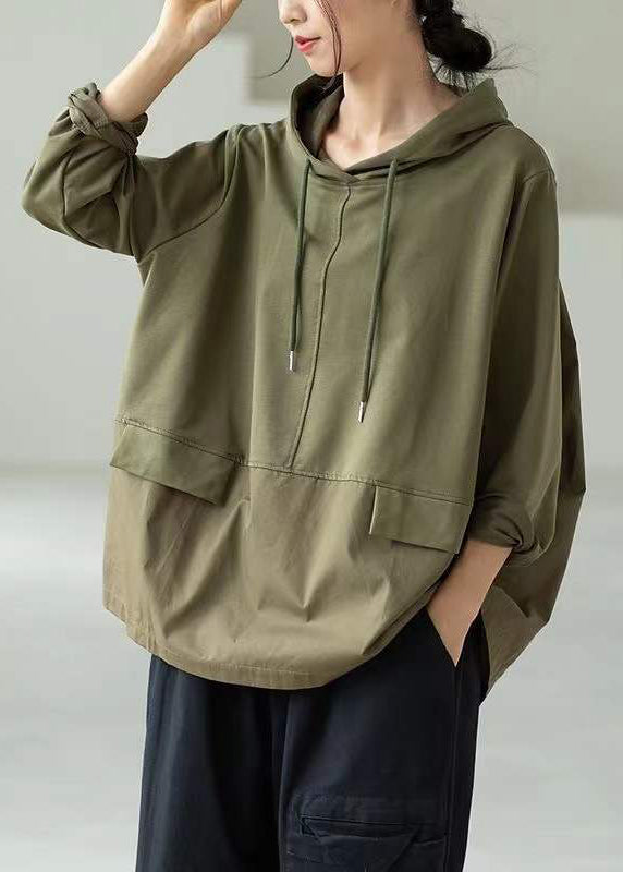 Classy Green Hooded Patchwork Side Open Cotton Sweatshirt Fall