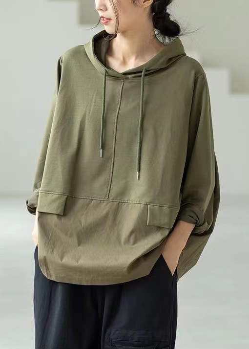 Classy Green Hooded Patchwork Side Open Cotton Sweatshirt Fall