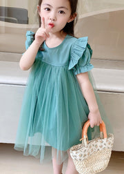 Classy Green O-Neck Ruffled Patchwork Tulle Girls Long Dresses Summer