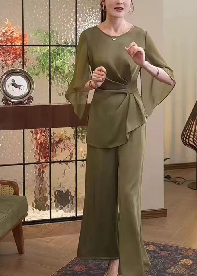 Classy Green O Neck Wrinkled Chiffon Two Piece Suit Set Summer