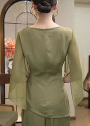 Classy Green O Neck Wrinkled Chiffon Two Piece Suit Set Summer