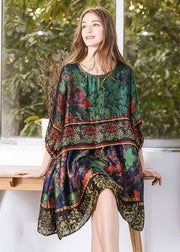 Classy Green Oversized Tie Dye Silk Mid Dress Lantern Sleeve