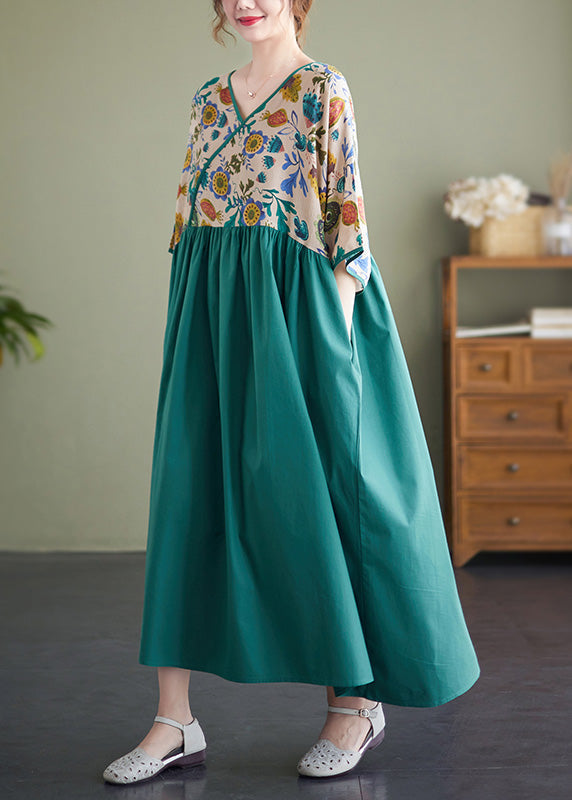 Classy Green Patchwork Wrinkled Cotton Holiday Long Dress Summer