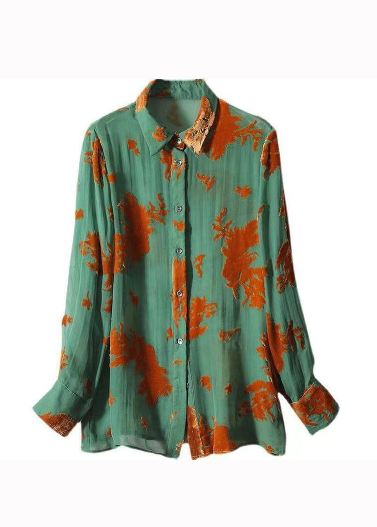 Classy Green Peter Pan Collar Jacquard Patchwork Silk Shirts Fall