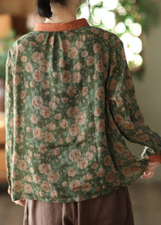 Classy Green Peter Pan Collar Print Button Ramie Top Spring