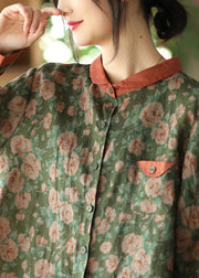 Classy Green Peter Pan Collar Print Button Ramie Top Spring