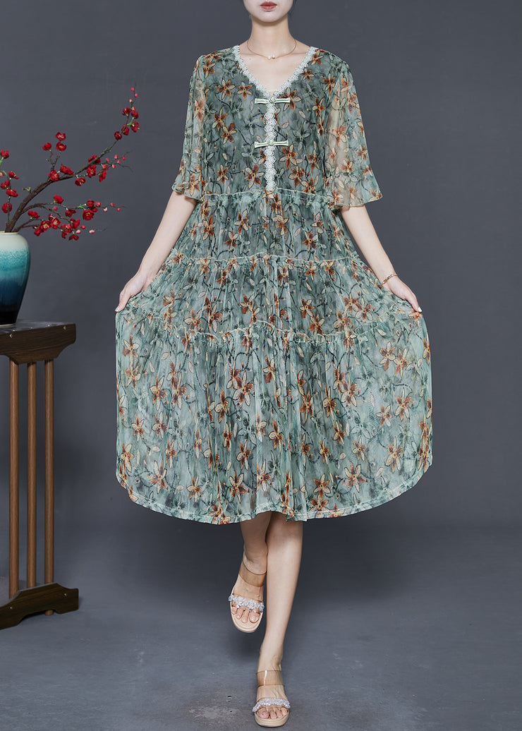 Classy Green Print Chiffon Day Dress Summer