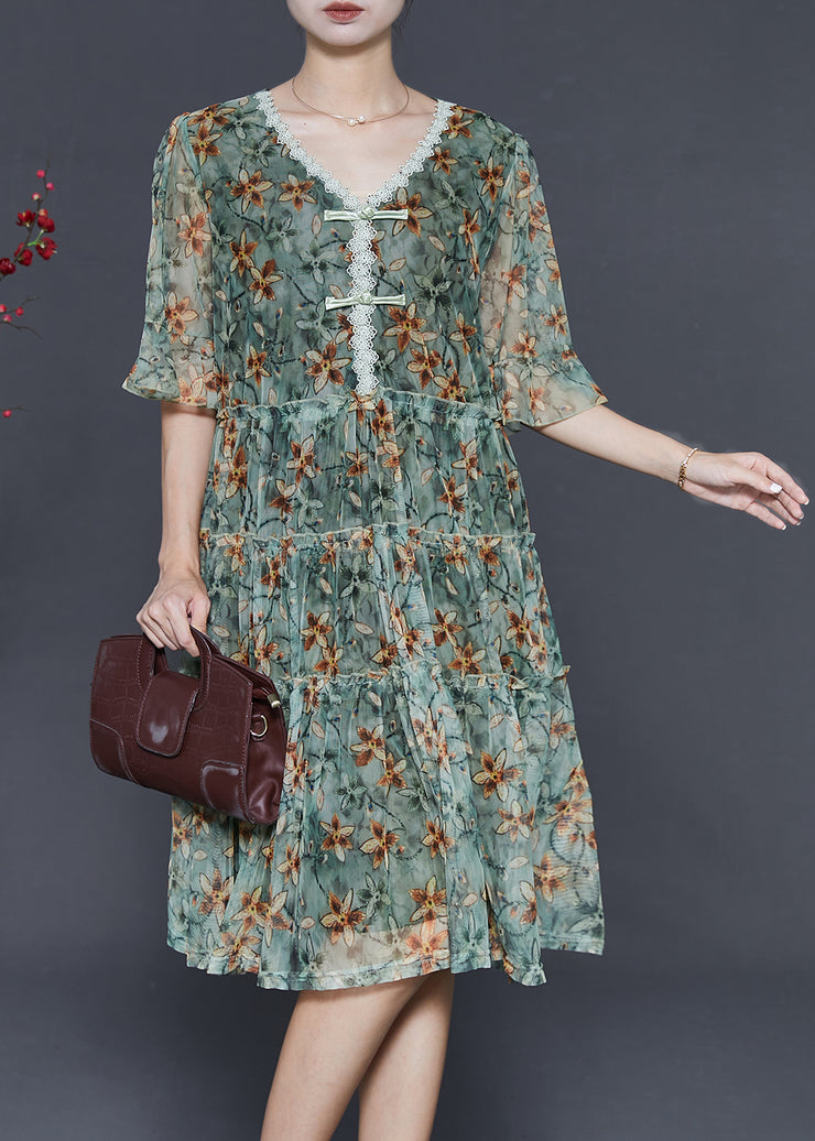 Classy Green Print Chiffon Day Dress Summer