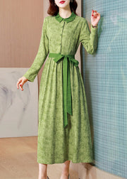 Classy Green Print Tie Waist Patchwork Cotton Long Dress Fall