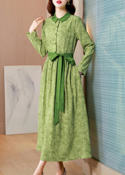 Classy Green Print Tie Waist Patchwork Cotton Long Dress Fall