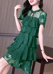 Classy Green Ruffled Button Patchwork Chiffon Mid Dress Summer