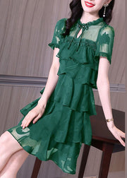 Classy Green Ruffled Button Patchwork Chiffon Mid Dress Summer