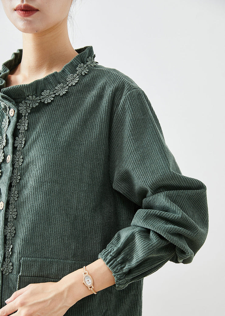 Classy Green Ruffled Cinched Corduroy Coats Fall