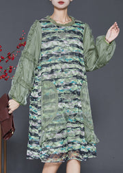 Classy Green Ruffled Patchwork Silk Dress Spring