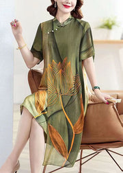 Classy Green Stand Collar Lotus Print Patchwork Silk Dress Summer