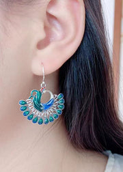 Classy Green Sterling Silver Cloisonne Enamel Phoenix Drop Earrings