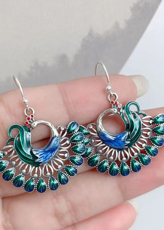 Classy Green Sterling Silver Cloisonne Enamel Phoenix Drop Earrings