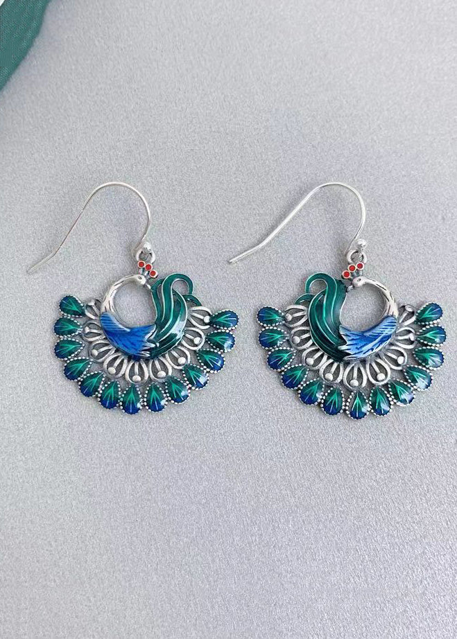 Classy Green Sterling Silver Cloisonne Enamel Phoenix Drop Earrings