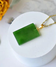 Classy Green Sterling Silver Jade Rectangle Pendant Necklace