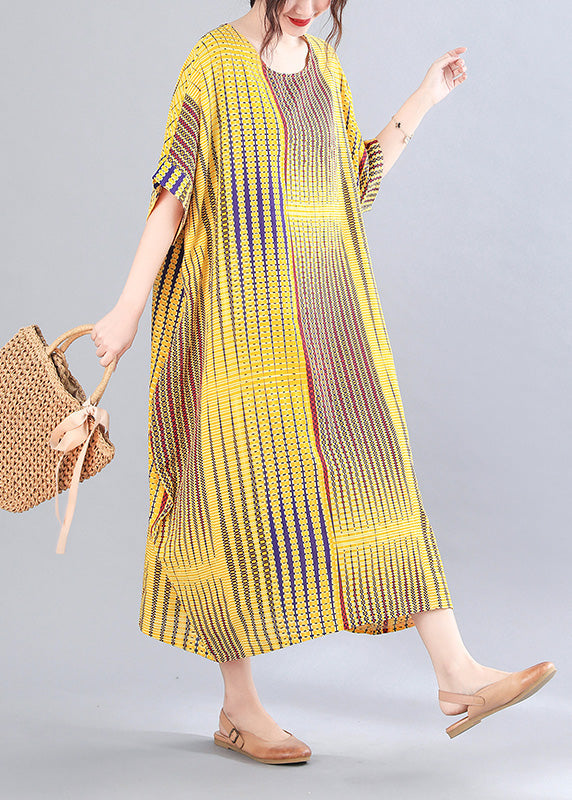 Classy Green Striped Print Holiday Long Dress Short Sleeve