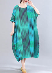 Classy Green Striped Print Holiday Long Dress Short Sleeve