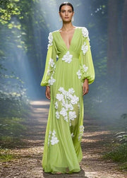 Classy Green V Neck Floral Decorated Chiffon Maxi Dress Spring