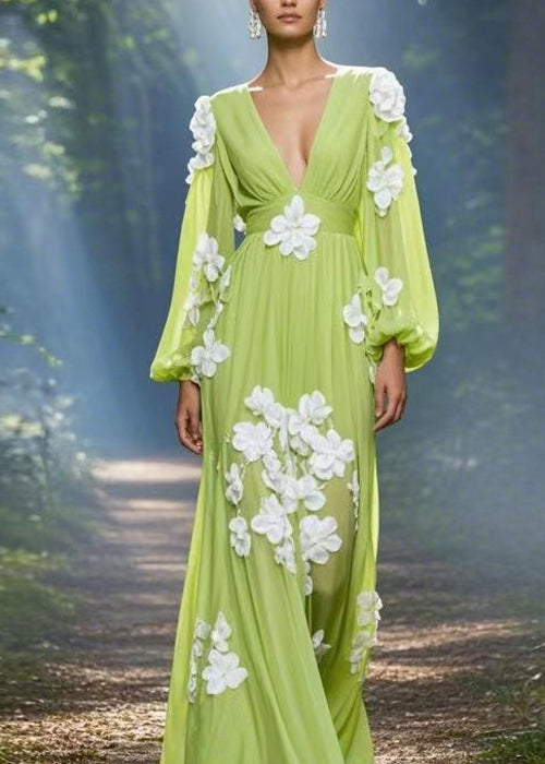 Classy Green V Neck Floral Decorated Chiffon Maxi Dress Spring