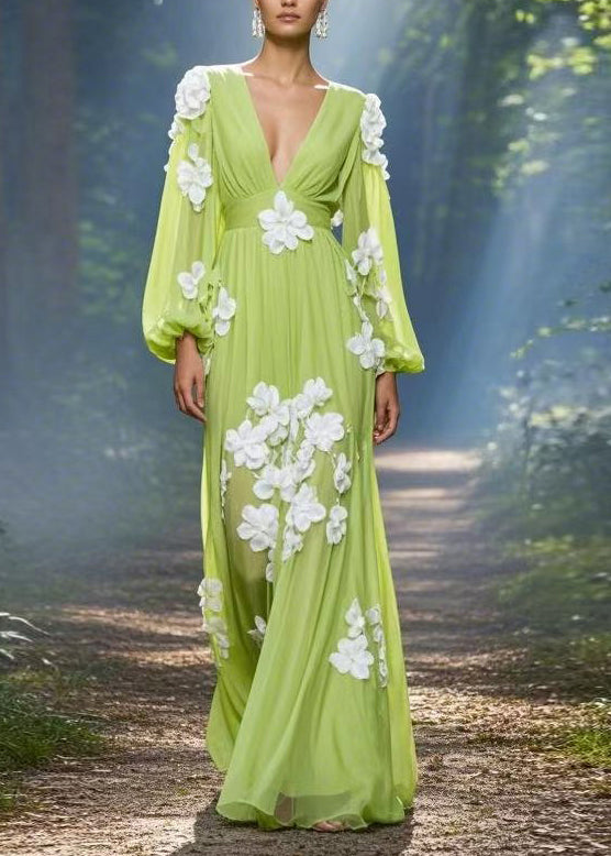 Classy Green V Neck Floral Decorated Chiffon Maxi Dress Spring