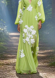 Classy Green V Neck Floral Decorated Chiffon Maxi Dress Spring