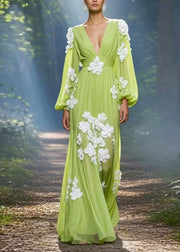 Classy Green V Neck Floral Decorated Chiffon Maxi Dress Spring