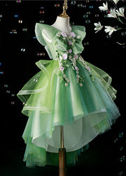 Classy Green V Neck Floral Low High Design Tulle Girls Long Dresses Summer