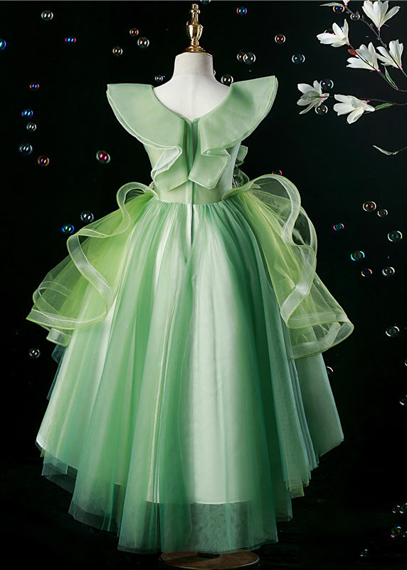 Classy Green V Neck Floral Low High Design Tulle Girls Long Dresses Summer