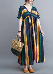 Classy Green V Neck Multicolour Striped Button Linen Ankle Dress Summer