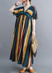 Classy Green V Neck Multicolour Striped Button Linen Ankle Dress Summer