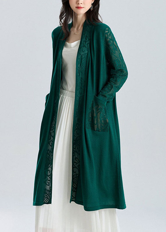 Classy Green V Neck Patchwork Hollow Out Long Ice Size Knit Cardigan Sum