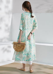 Classy Green V Neck Print Chinese Button Patchwork Linen Dress Summer