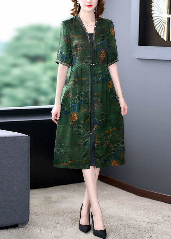 Classy Green V Neck Print Wrinkled Patchwork Silk Dresses Summer