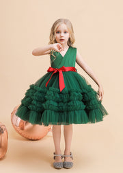 Classy Green V Neck Tie Waist Tulle Girls Long Dresses Summer