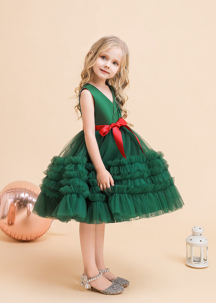 Classy Green V Neck Tie Waist Tulle Girls Long Dresses Summer