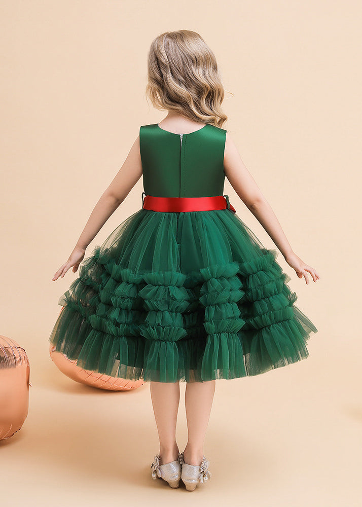 Classy Green V Neck Tie Waist Tulle Girls Long Dresses Summer